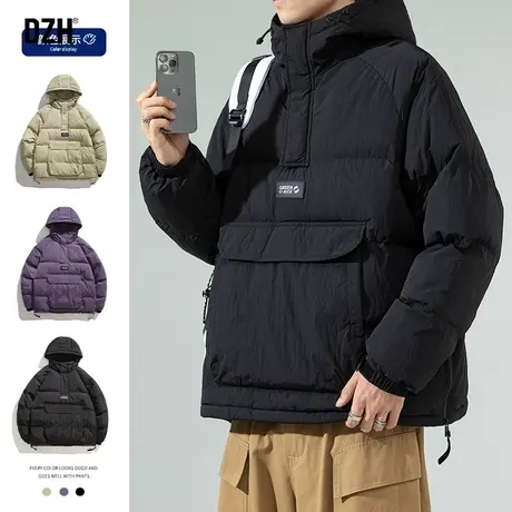 男士黑色连帽半拉链外套男冬棉服男款冬季新款冲锋衣加厚保暖棉衣商品大图
