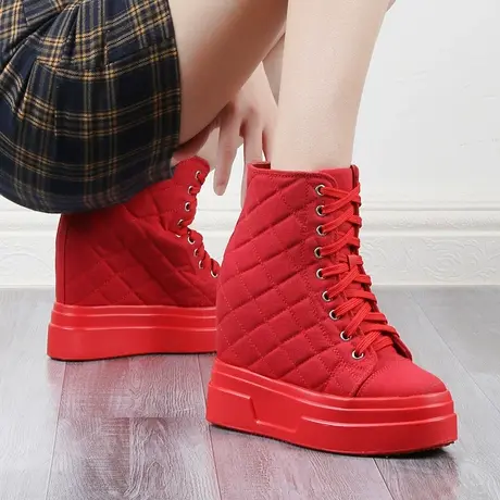 高帕妃内增高12cm帆布鞋女红色婚鞋神器小个子坡跟旅游休闲高帮鞋图片