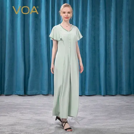 VOA30姆米重磅真丝V领木耳边荷叶袖单排扣宽松阔腿桑蚕丝连体裤图片