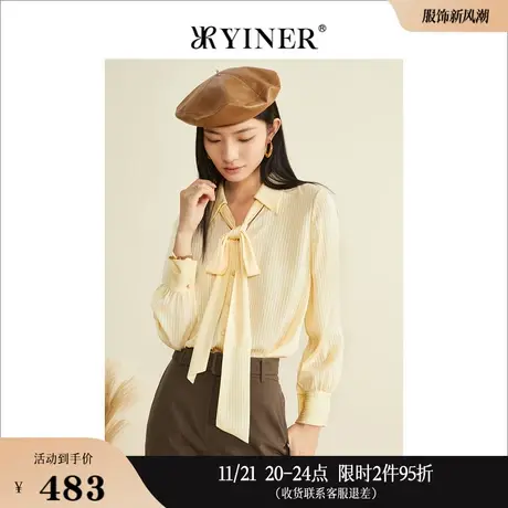 YINER音儿女装秋季长袖法式上衣条纹polo蝴蝶结衬衫商品大图