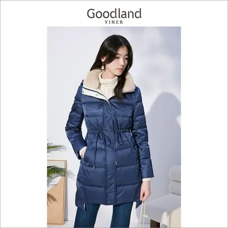 Goodland美地女装冬季保暖防风兔毛领轻薄白鸭绒羽绒服商品大图