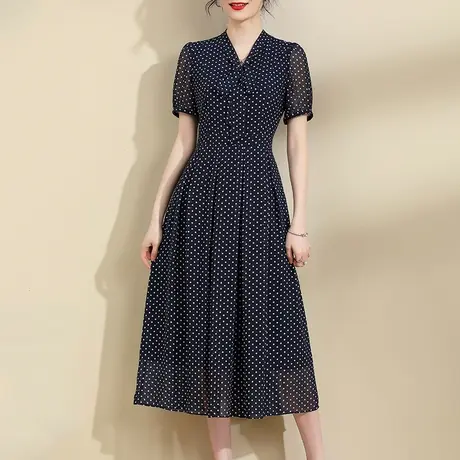 水墨青华2024夏季新品百搭大摆波点印花裙中长款显瘦雪纺连衣裙图片