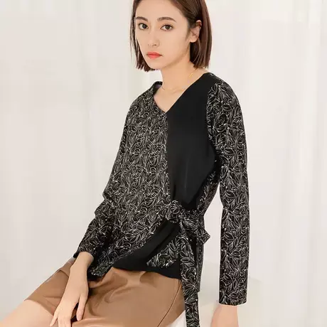 桔熊春秋季通勤不对称印花拼接毛呢收腰长袖上衣女装大码AB16569商品大图