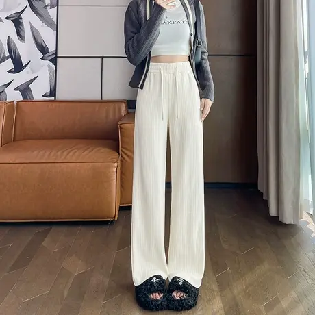 米白色灯芯绒阔腿裤女秋冬高腰垂坠感雪尼尔宽松直筒休闲拖地裤图片