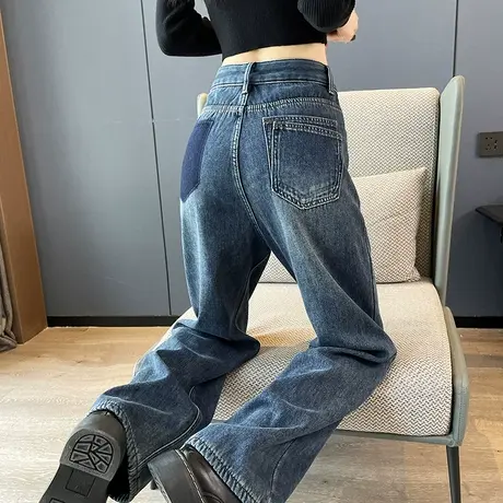 加绒阔腿牛仔裤女深蓝色高腰显瘦垂感2024春秋季新款宽松直筒裤子商品大图