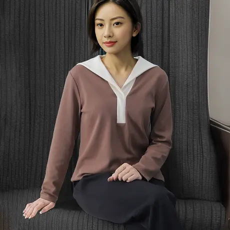 中年妈妈翻领T恤撞色设计感长袖上衣秋装商品大图