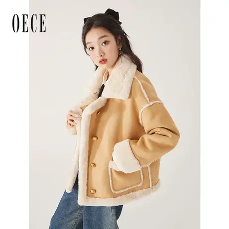 Oece设计感外套小个子冬季新款女装复古气质仿皮毛一体大衣短商品大图