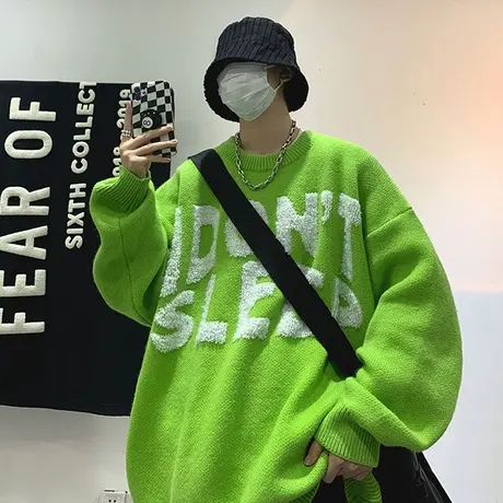 毛衣男秋冬宽松慵懒风圆领针织衫ins字母植绒潮流打底休闲毛线衣商品大图