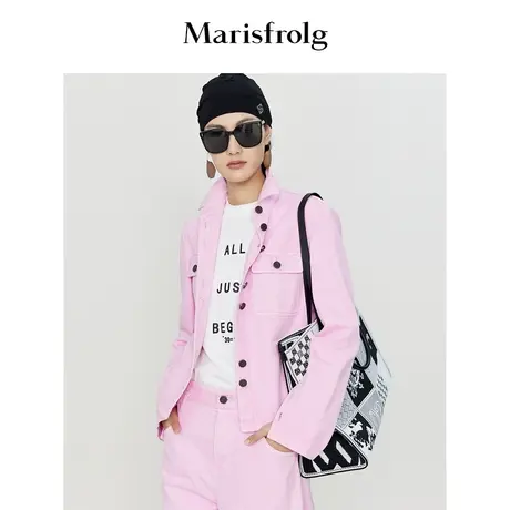 #多巴胺穿搭# 玛丝菲尔外套2023春季新款粉色金属扣翻领外套图片