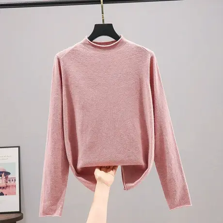 毛衣女2023春秋新款纯色卷边领长袖针织衫女士百搭打底衫内搭上衣图片