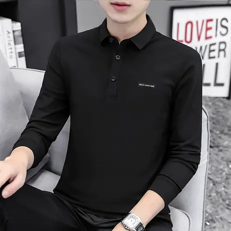 黑色polo衫男长袖2024新款翻领t恤保罗有领上衣服秋季打底衫体恤图片