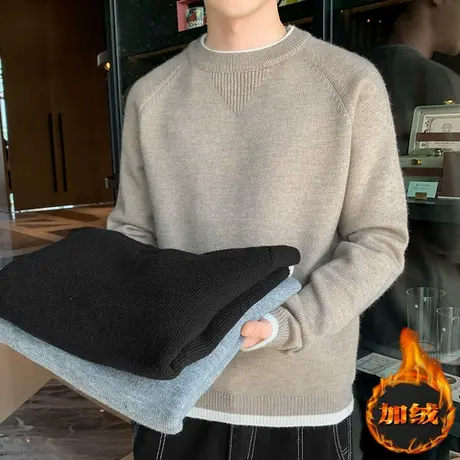 男士毛衣圆领2023新款秋冬季宽松加绒加厚打底针织衫冬装保暖衣服商品大图
