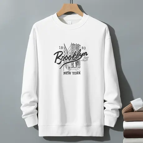 350g重磅男士卫衣秋冬款加绒加厚白色无帽套头上衣服圆领长袖t恤商品大图