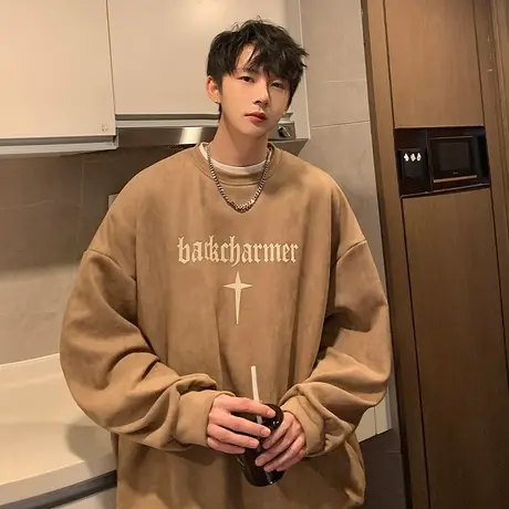 春秋季宽松潮牌圆领卫衣男2024新款潮流印花无帽宽松情侣款上衣服商品大图