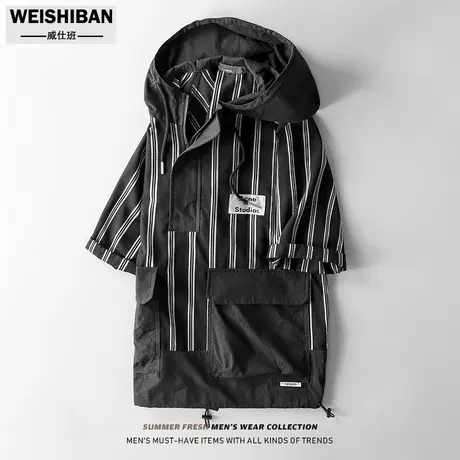 潮流工装竖条纹短袖卫衣男潮个性宽松连帽天丝冲锋衣美式休闲帽衫商品大图