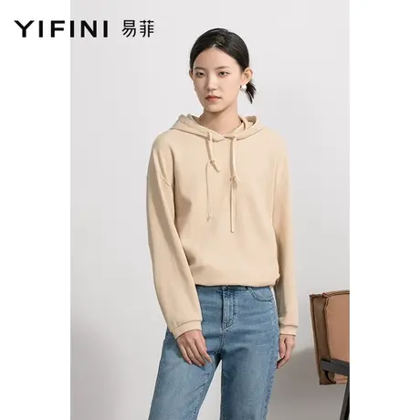 Yifini/易菲宽松短款连帽卫衣女春秋新款长袖落肩套头上衣商品大图