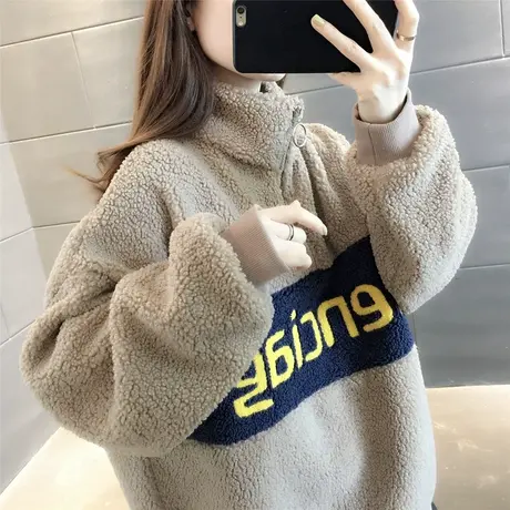 羊羔毛卫衣女中长款2023年秋冬新款加绒加厚韩版宽松羊羔绒外套潮商品大图