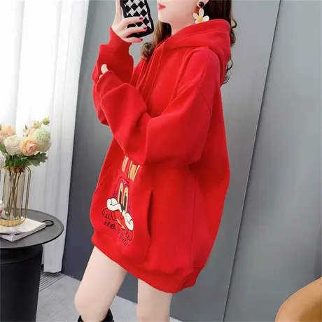 新年红色兔兔加绒加厚连帽卫衣女2022年新款秋冬宽松洋气爆款外套图片