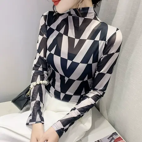 半高领网纱T恤女装ins时尚气质撞色上衣内搭修身打底衫女长袖春秋商品大图