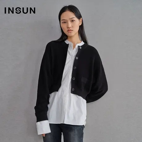 INSUN恩裳春季假两件立领毛针织衫衬衫图片