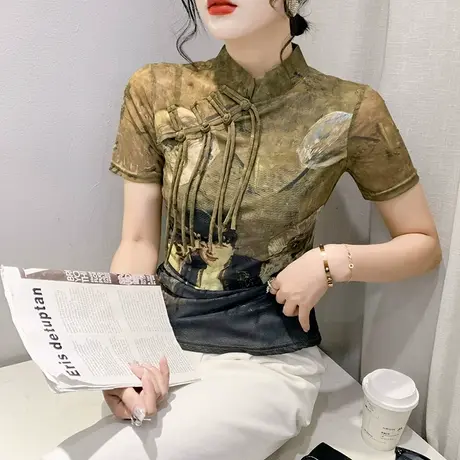复古印花T恤女短袖2024夏装新款设计感小众盘扣小衫性感网纱上衣商品大图