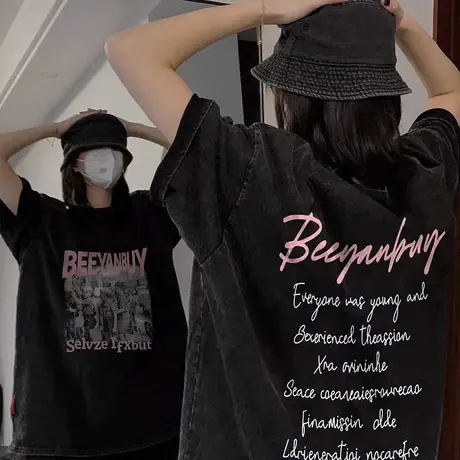 2023重磅新品小众潮牌T恤女ins美式复古宽松上衣水洗做旧短袖体恤商品大图