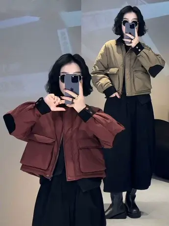 欧洲站设计感拼接拼色polo领长袖棉服女2023冬季新款宽松百搭外套商品大图