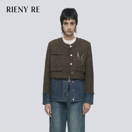 RIENYRE外套女2023冬新款高级感气质牛仔拼接小香风短款毛呢外套商品大图