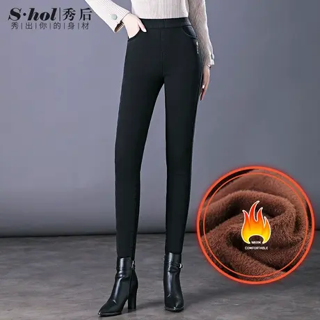 秀后高腰加绒加厚牛仔裤女2023秋冬季新款弹力铅笔裤休闲打底裤图片