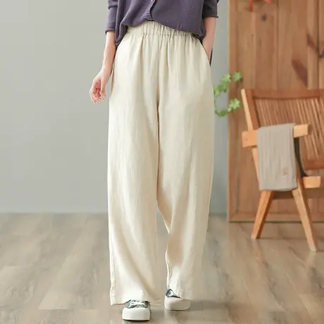 dza 高腰显瘦苎麻裤子女秋季宽松阔腿裤休闲复古棉麻裤直筒哈伦裤图片