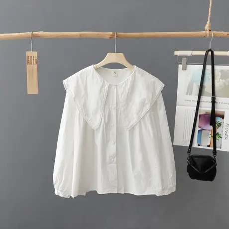 2024新款秋季女装上衣娃娃衫白色衬衫女式宽松娃娃领短款法式衬衣图片