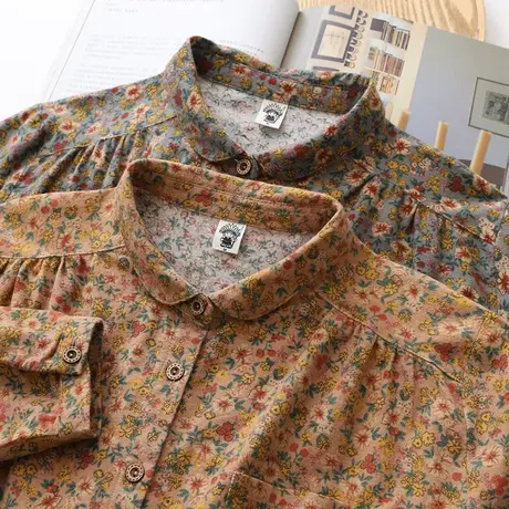 复古文艺小清新磨毛长袖纯棉衬衣宽松百搭翻领上衣春秋碎花衬衫女图片