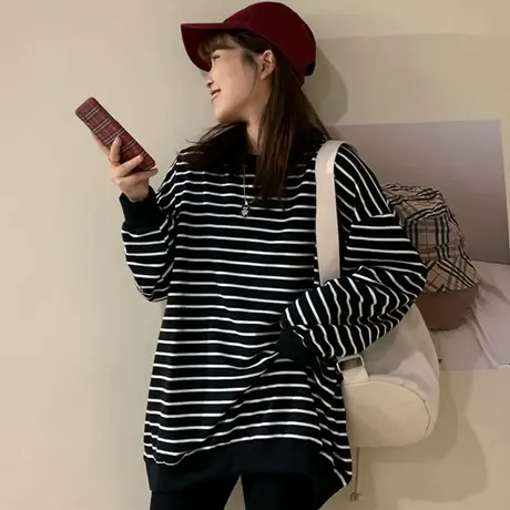 waitmore条纹卫衣女2020春秋薄款宽松韩版潮ins上衣bf慵懒风外套商品大图