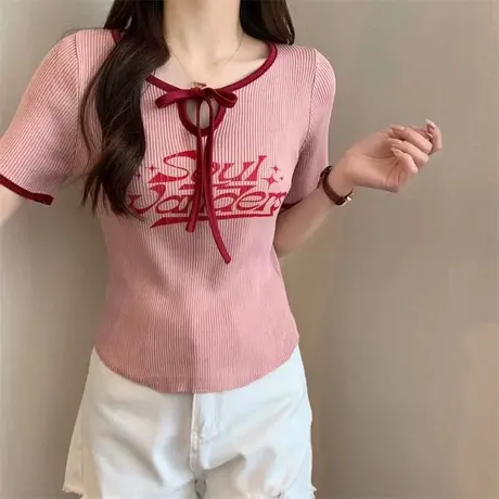 气质绑带短袖针织衫女夏季新款性感镂空半高领短款设计感小众上衣商品大图