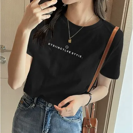 2023年新款纯棉短袖圆领t恤女装夏季基础款宽松正肩气质黑色上衣图片
