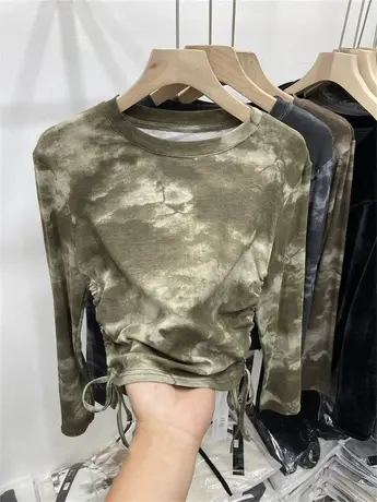 设计感晕染印花褶皱抽绳长袖T恤女2023秋新款气质修身打底衫上衣商品大图