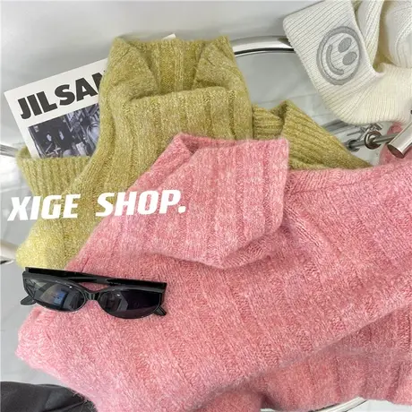 慵懒坑条高领毛衣外穿女软糯厚实宽松洋气亮色粉色针织上衣秋冬图片