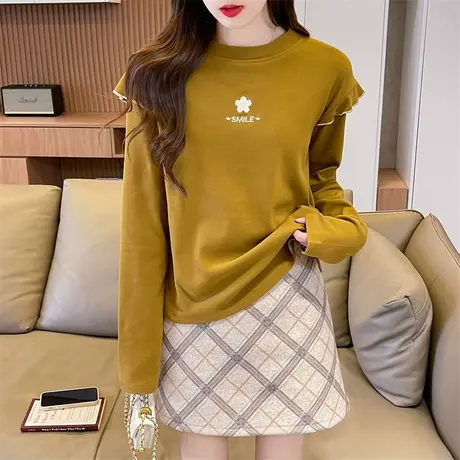 德绒长袖t恤女2023新款秋冬加绒加厚修身保暖设计感打底衫上衣服图片