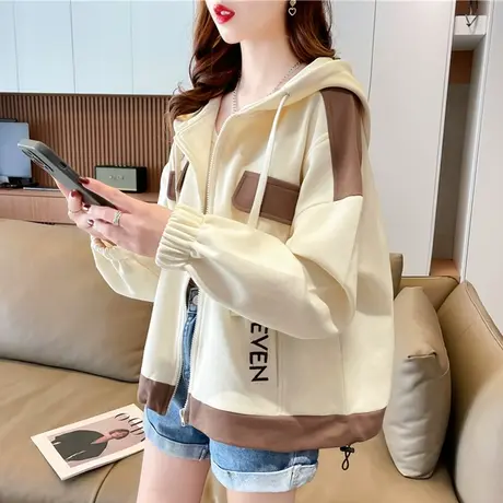 早秋连帽卫衣女春秋季韩版宽松大码薄款初秋百搭学生撞色开衫外套图片