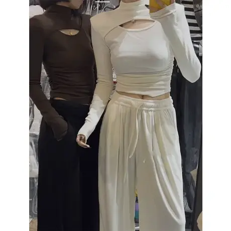 德绒打底衫女秋冬加绒加厚内搭半高领设计感镂空修身长袖t恤上衣图片