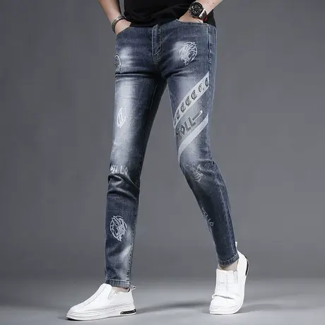 烫钻牛仔裤男款修身小脚春季薄款潮流印花男士牛仔裤2023新款爆款商品大图