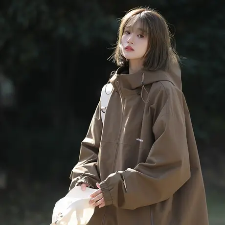 咖啡色户外登山露营冲锋衣男日系黑骑士机能风连帽夹克衫情侣外套商品大图