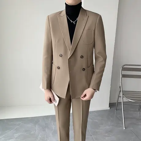 高级感轻奢西装男春秋修身外套2024年礼服商务痞帅双排扣西服套装图片