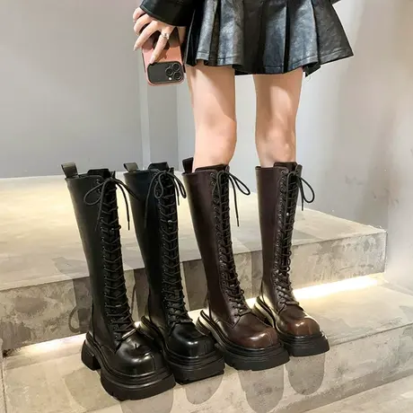 小个子厚底长筒靴子女2023新款秋冬复古长靴显瘦高筒系带骑士靴鞋图片