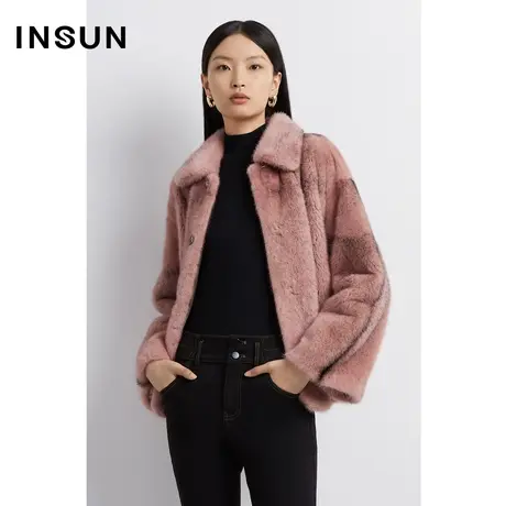 INSUN恩裳奥莱冬季花纹玫瑰粉水貂皮草外套图片