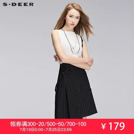 sdeer圣迪奥2019夏装条纹高腰搭片斜摆OL亚麻背带裙S17281339💻图片