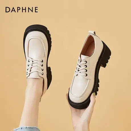 达芙妮皮鞋女鞋英伦风2022新款夏季春秋厚底系带白色粗跟大头单鞋图片