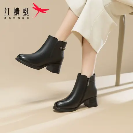 红蜻蜓女鞋2023年秋冬新款加绒保暖高帮鞋时尚优雅妈妈鞋舒适皮靴图片