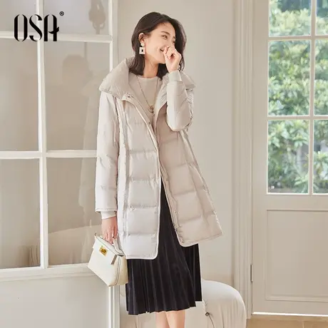 OSA欧莎黑色中长款轻薄连帽羽绒服女秋冬季2023新款时尚保暖外套图片