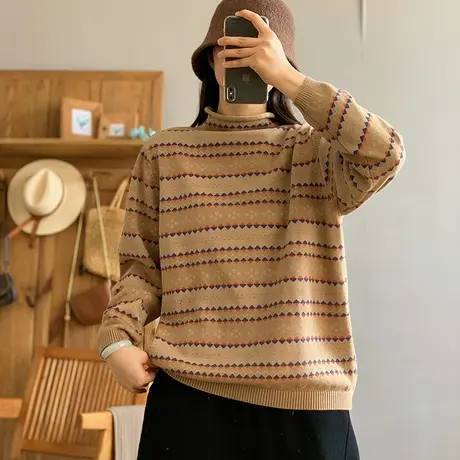 dza 复古休闲波浪纹高圆领打底针织衫女秋冬内搭上衣宽松套头毛衣图片